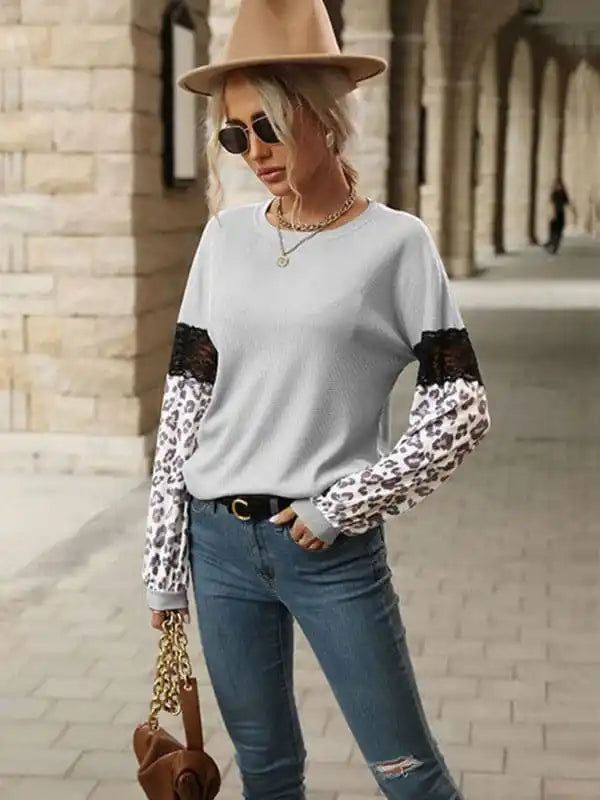 Women’s Color Block Lace Cheetah Print SweatshirtSports Team Knit Tops