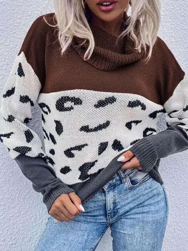 Women’s Cowl Neck Sweater With Colorblock PrintBranded Knit Tops