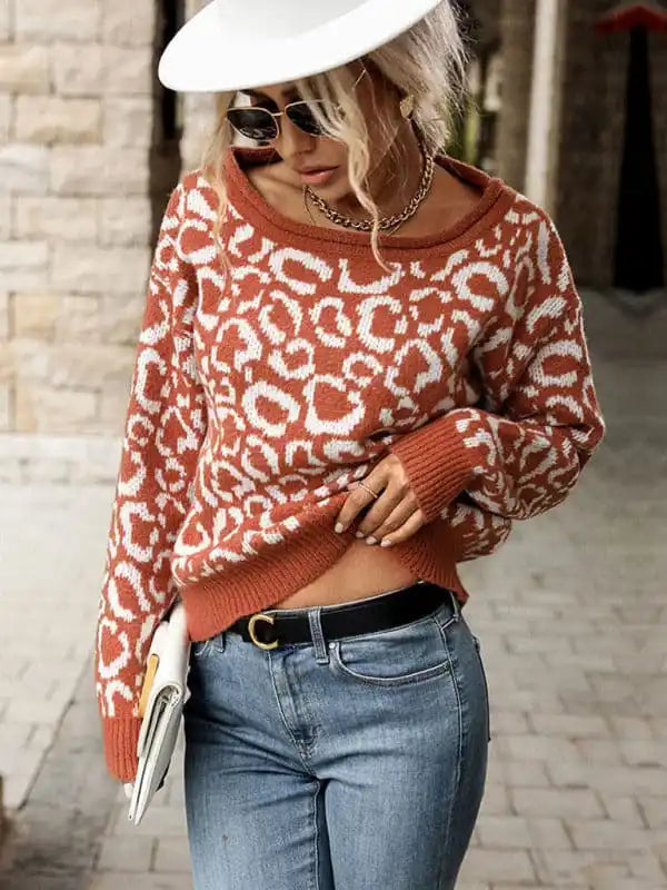 Women’s Jaguar Print Knit Sweater With Wide NecklineBand Merch Knit Tops