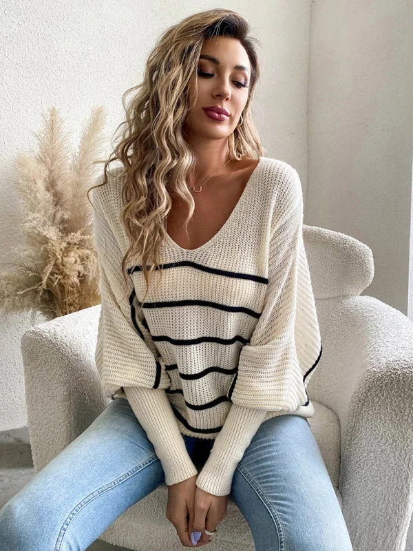 Women's casual loose striped V-neck long-sleeved sweaterYoga Knit Tops