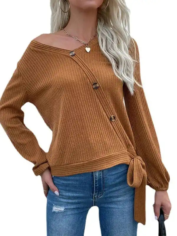 Women’s casual solid color button-decorated bottoming knitted sweaterAlpaca Knit Tops