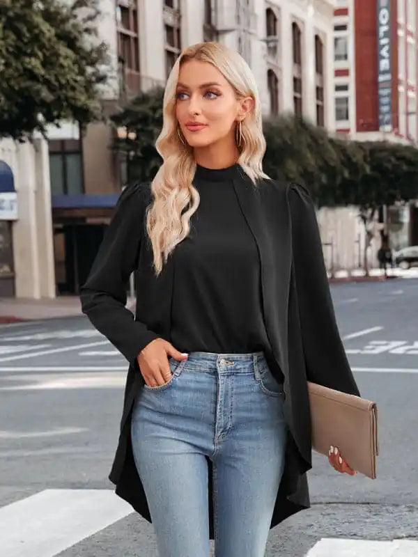 Women’s Casual Solid Color Half Turtleneck Long Sleeves Fake Two Piece ShirtV-Neck Knit Tops