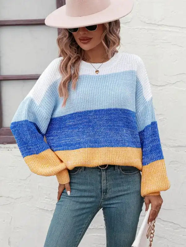 Women’s Color Block Crew Neck Knit Fashion SweaterFitted Knit Tops