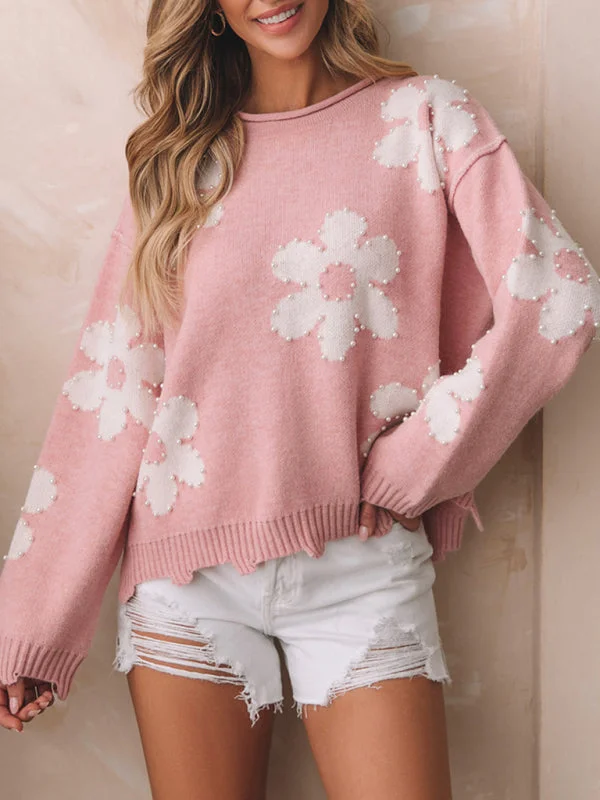 Women's Drop Shoulder Floral Pearl Loose SweaterMetallic Knit Tops