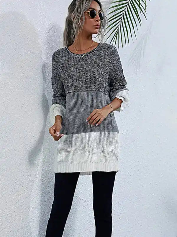 Women’s European and American Crew Neck Long Sleeve Contrast Knit SweaterGlitter Knit Tops