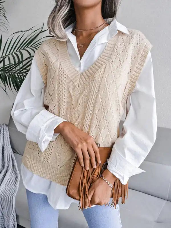 Women’s hollow out fried dough twist V-neck knitted vest sweaterZippered Knit Tops