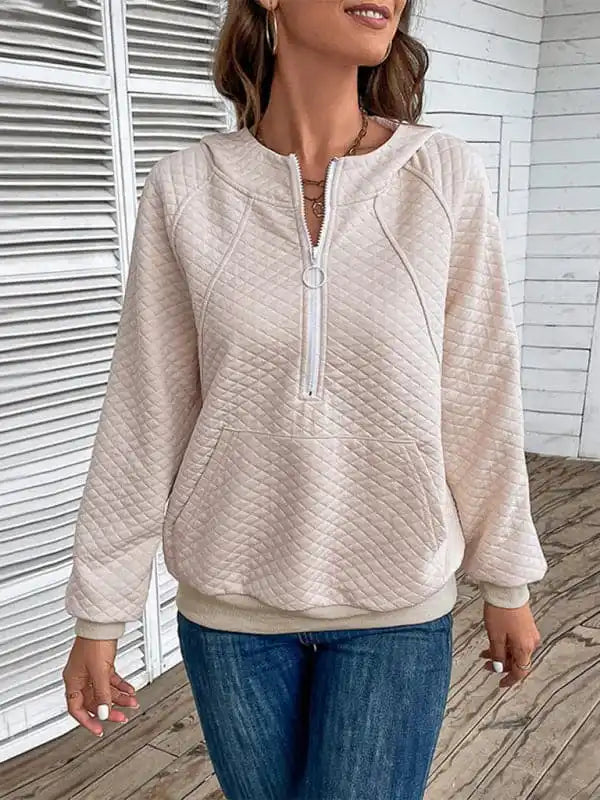 Women’s hooded long-sleeved solid color diamond check sweatshirtFishing Knit Tops