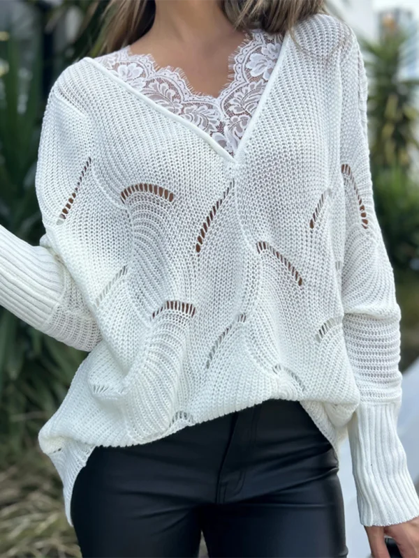 Women's lace stitching mid-length white sweaterHemp Knit Tops