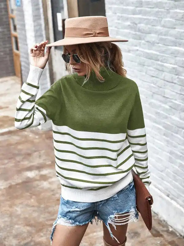 Women’s Long Sleeve Turtleneck Striped SweaterRibbed Knit Tops