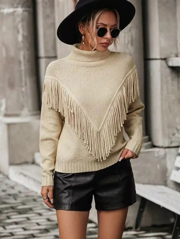 Women’s Loose Fringed Sweater Knit Turtleneck SweaterOversized Knit Tops