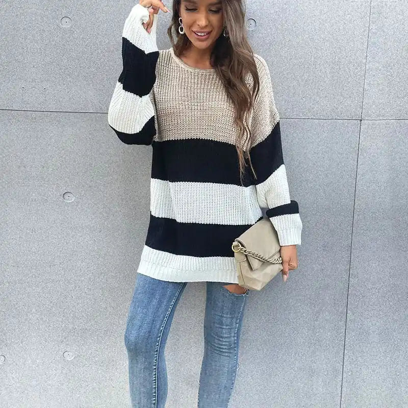 Women’s Mid-Length Striped Round Neck Knitted SweaterStatement Knit Tops