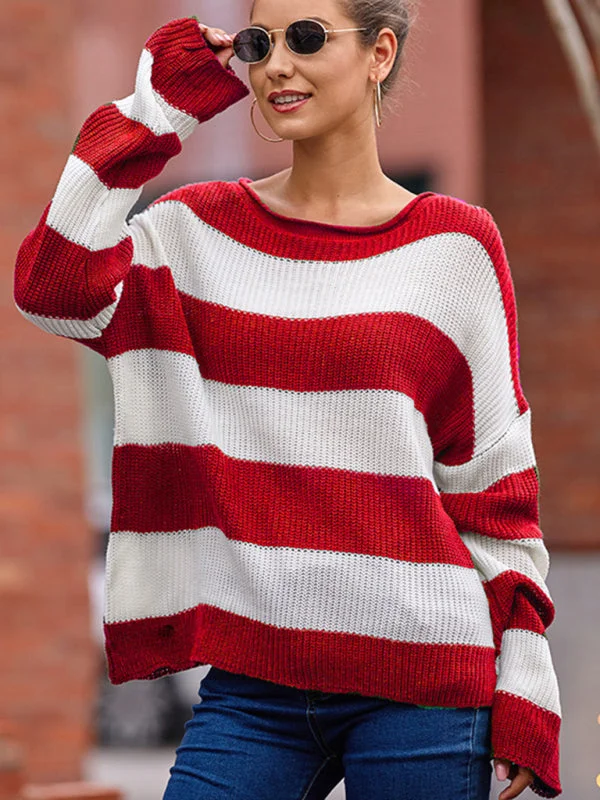 Women's rolled round neck striped color block sweaterPunk Knit Tops