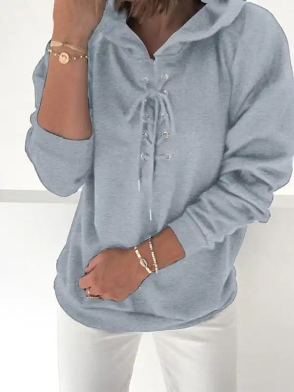 Women’s Solid Color Lace Up Long Sleeve HoodieSequined Knit Tops