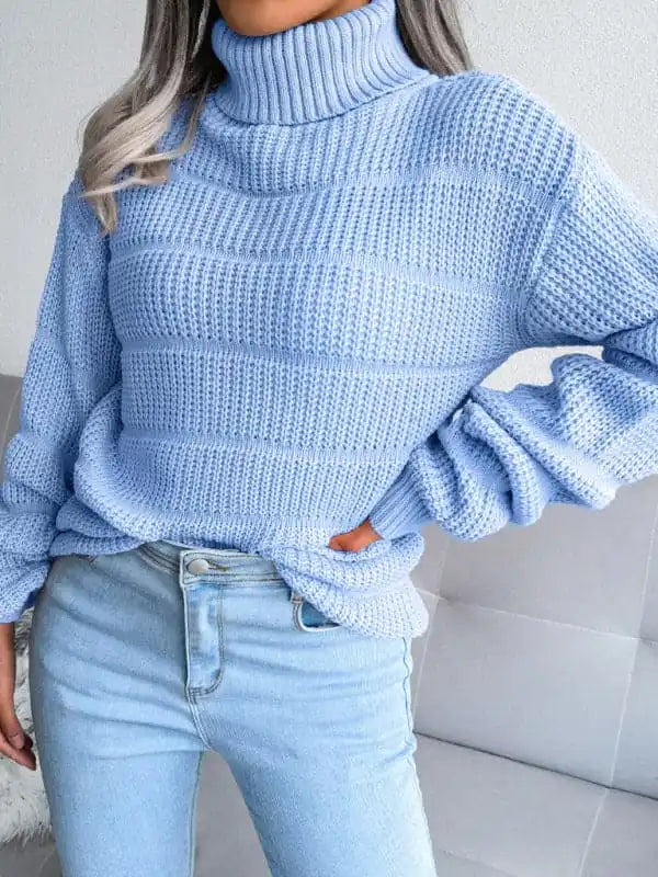 Women’s Turtleneck Drop Shoulder Sleeves Cutout Casual SweaterLeather-Paneled Knit Tops