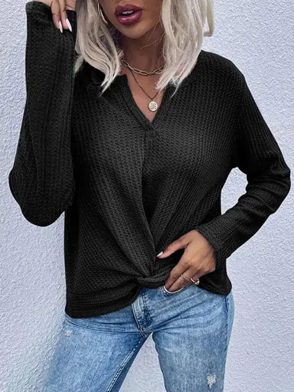 Women’s Waffle Kink Thin Solid Color Bottoming Knitted SweaterCollaborative Knit Tops