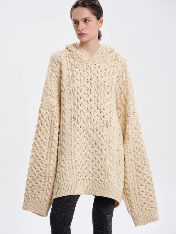 Braided Knit Hoodie, Beige