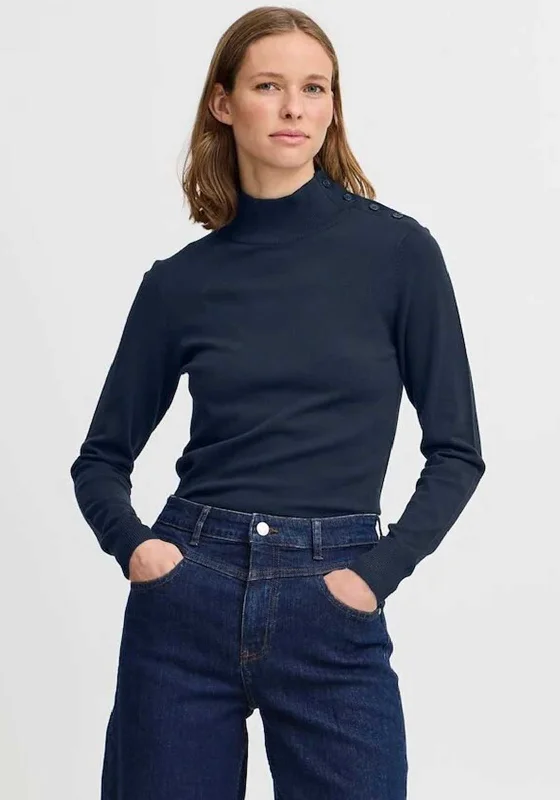 b.young Morla Button Detail Polo Neck Jumper, Navy