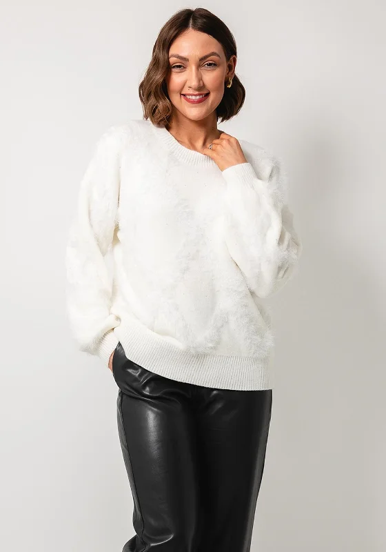 Esqualo Fluffy Knit Sequin Embellished Jumper, White