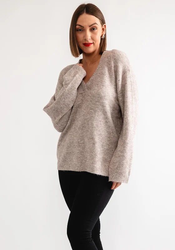 Freequent Gresevalin Knit V Neck Jumper, Taupe