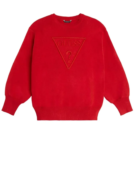 Guess Heavy Knit Embroidered Logo Jumper, Red