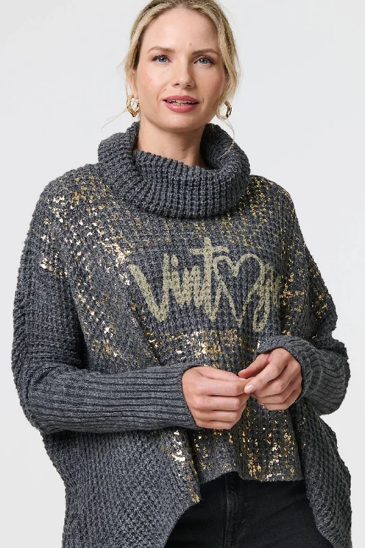 Graphic Print Metallic Roll Neck Jumper