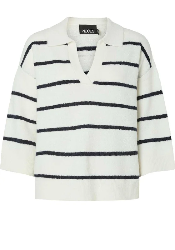 Pieces Mikela Striped V Neck Sweater, White and Navy