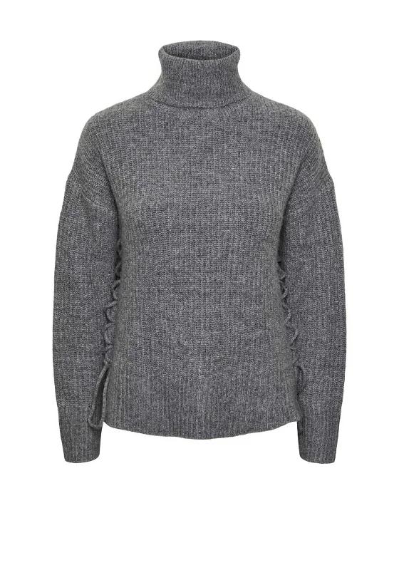 Pieces Radna Tie Detail Polo Neck Jumper, Grey