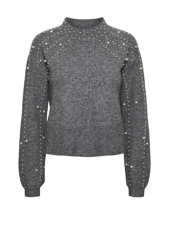 Pieces Rea High Neck Pearl Jumper, Grey