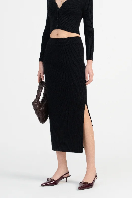 Rochelle Knit Skirt with Slit in Sable Black