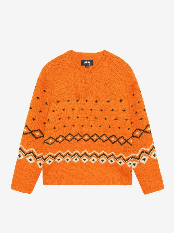 Stussy Roll V Neck Fairisle Sweater - Orange