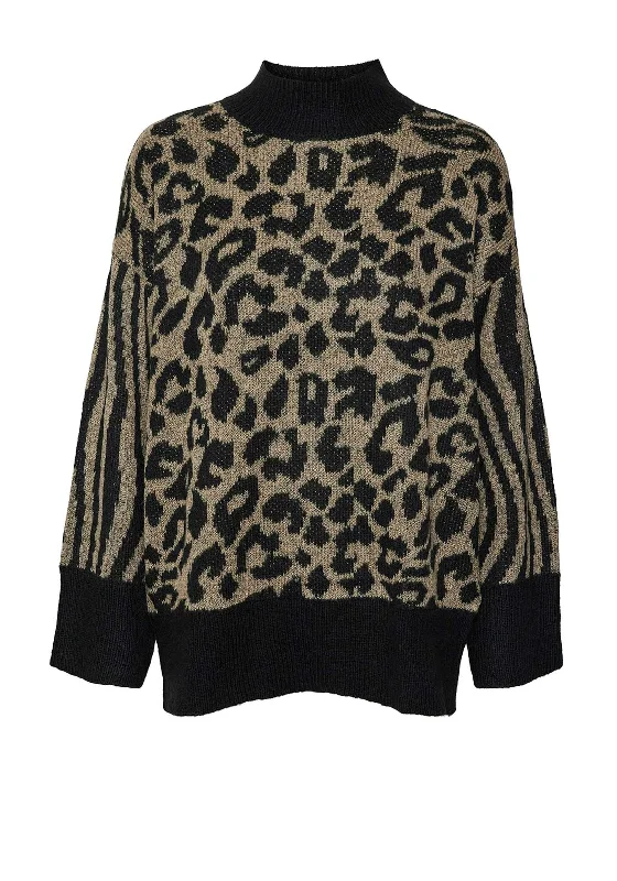 Vero Moda Mars Leopard High Neck Jumper, Black