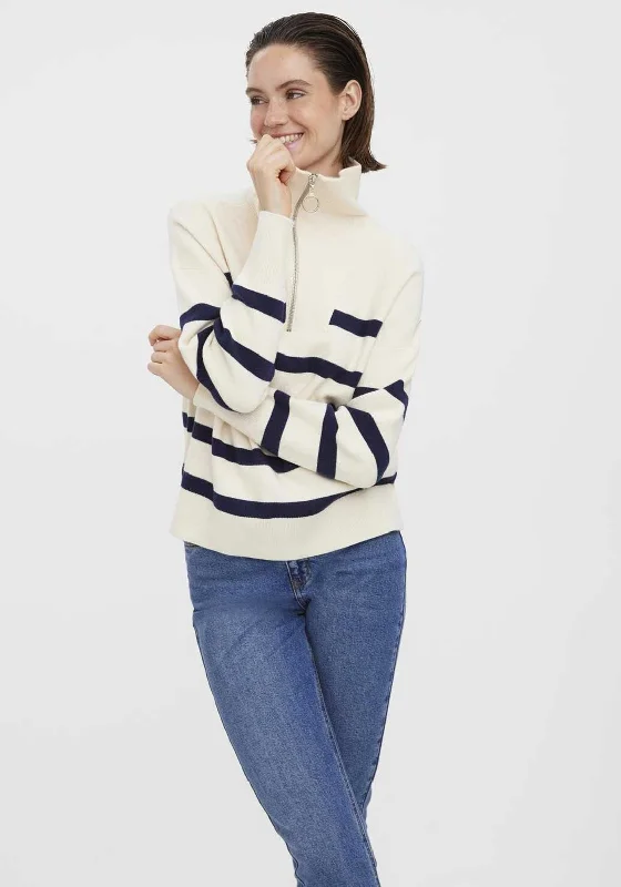 Vero Moda Saba Striped Zip Neck Sweater, Beige