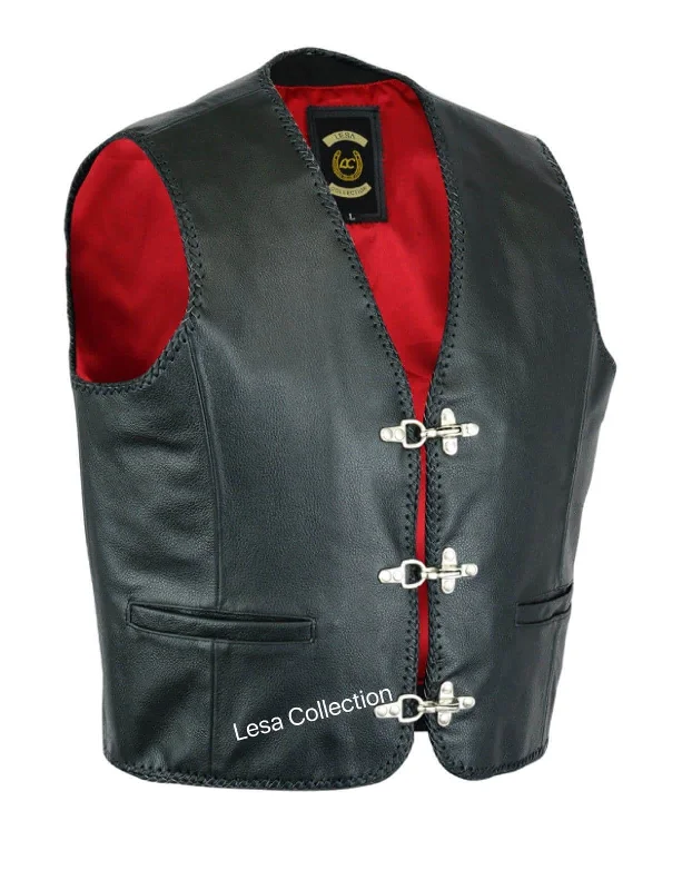 Mens Leather Waistcoat Biker Vest Braided With Fish Hook Buckles