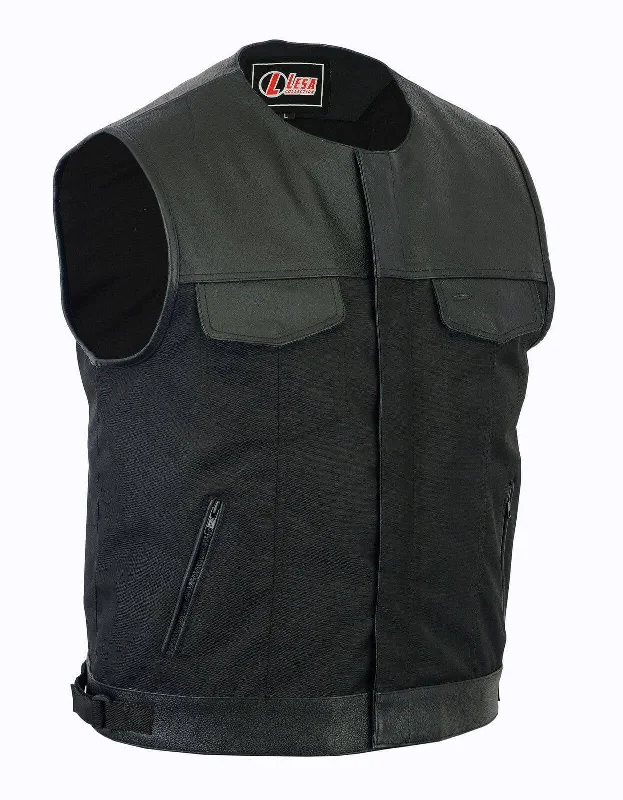 Collarless Cordura Fabric   Biker Waistcoat Black Real Leather Trim