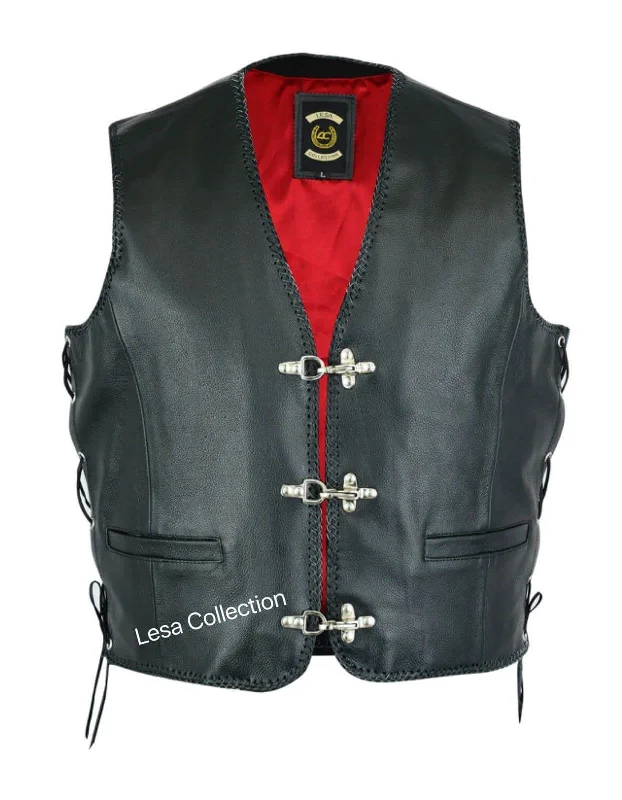 Leather Mens Fish Hook Buckle Biker Vest Sides Laces