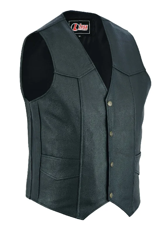 Mens Genuine Leather Motorcycle Biker Style Waistcoat Black Vest