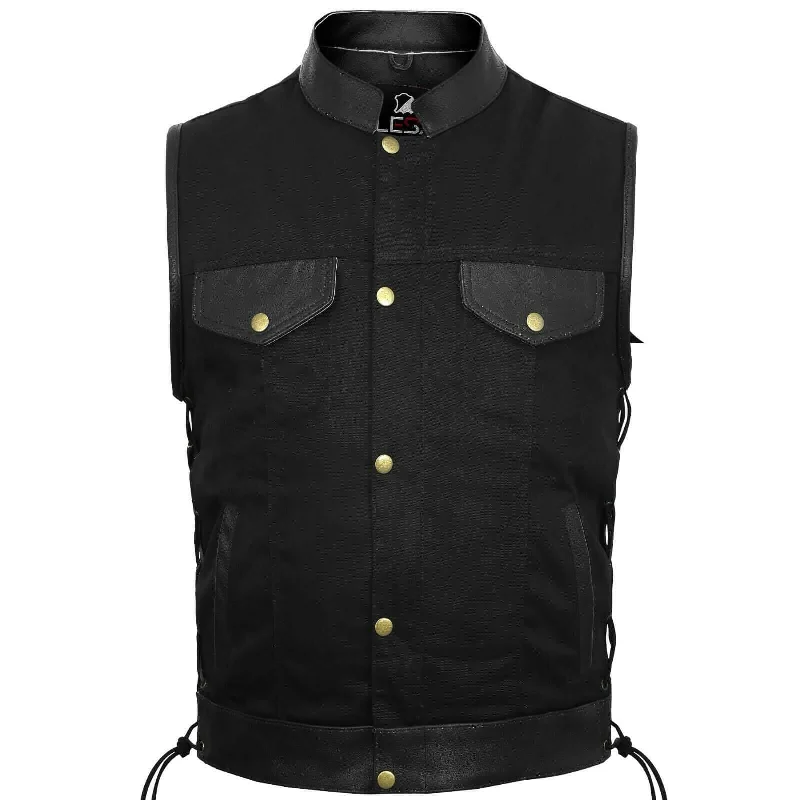 Mens Biker Style Denim Club Vest Side Lace Waistcoat With Real Leather Trim