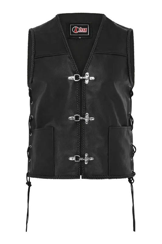 Mens Fish Hook Buckle Real Leather Waistcoat Biker Vest Braided With Sides Laces