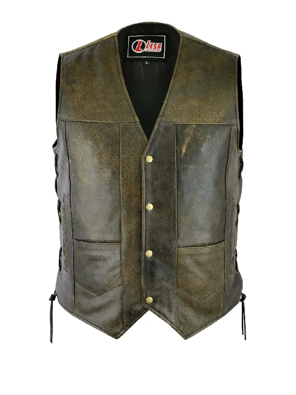 Mens Motorcycle 10 Pocket Distressed Brown Leather Vest Side Laces