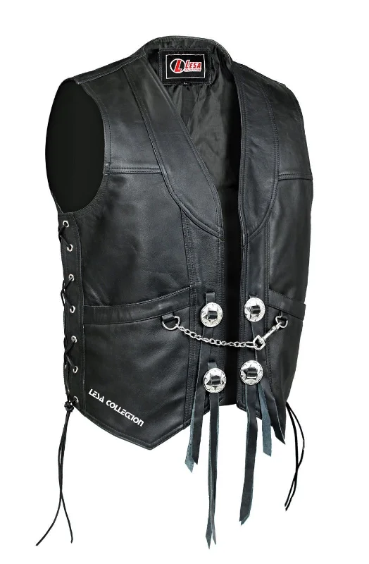 Mens Real Leather Motorcycle Biker Waistcoat/Vest with Chain