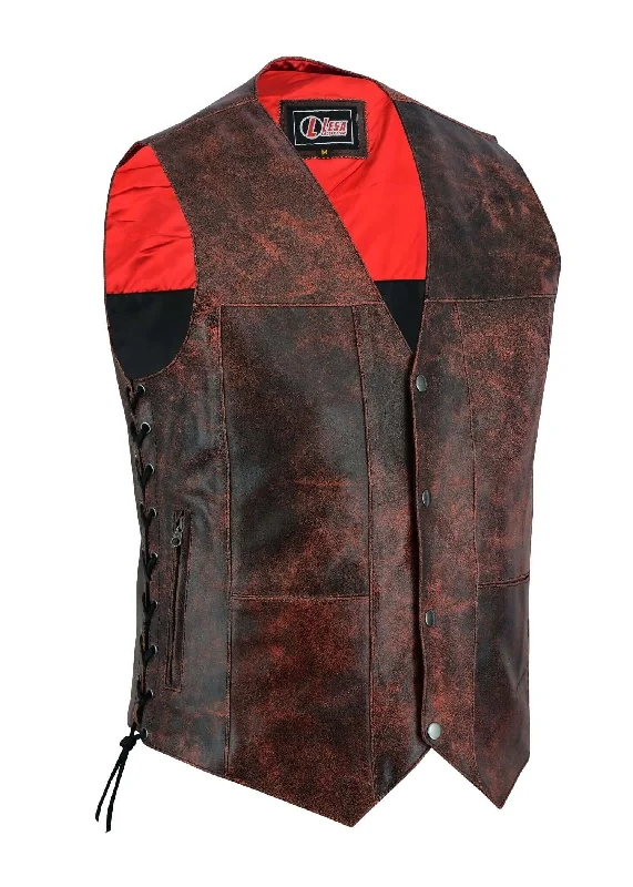 Mens Red Distressed Waistcoat Motorcycle Biker Style Gillette Vest-Top Quality