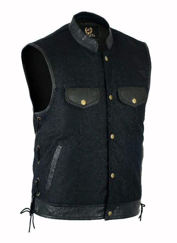 Mens Side Lace Biker Style Vest Leather Trim & Black Denim