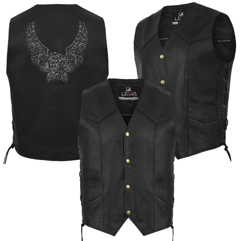 Men's Side Lace  with Flying Eagle   Biker  Vest Premium Leather