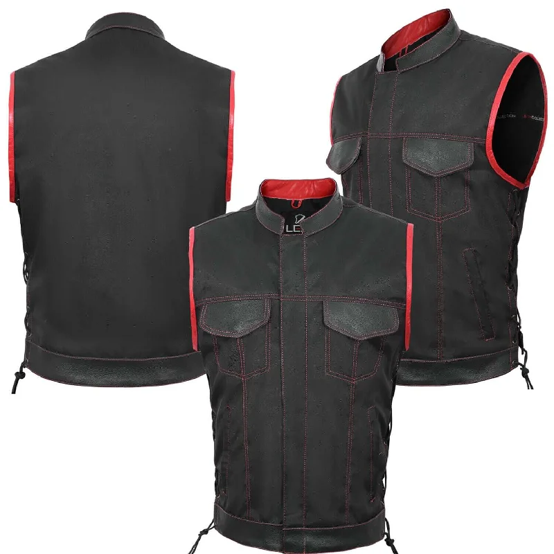 Men's SOA style Lace up fabric Biker Waistcoat/Vest red Real Leather Trimming UK