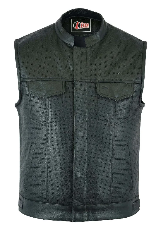 Mens Real Leather Black SOA Cut Off Style Motorcycle Biker Vest Club Waistcoat