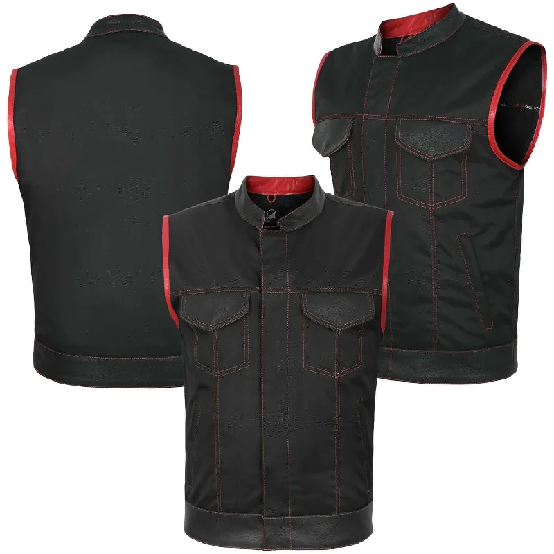 SOA Style Motorcycle Biker Waistcoat Vest Black Red Real Leather Trim Fabric UK