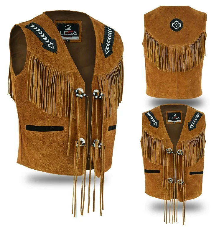 Tan Brown Suede Leather Western Cowboy  With Fringe Native American Waistcoat