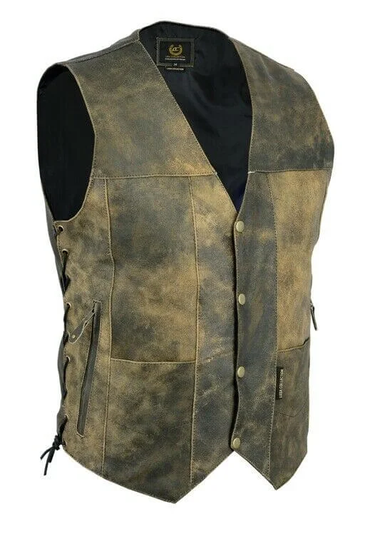 Vintage Motorcycle Vest 10 pocket Distressed Real Leather Waistcoat Mens