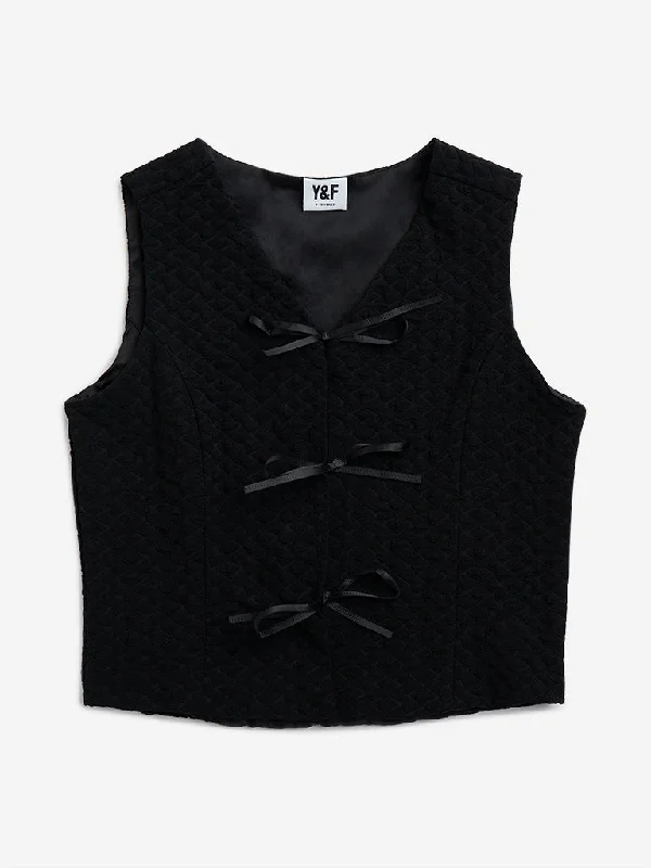 Y&F Kids Black Self-Textured Waistcoat-Style Top