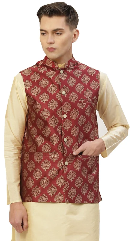 Stylish Maroon Brocade Nehru Jacket for Men - Indian Waistcoat